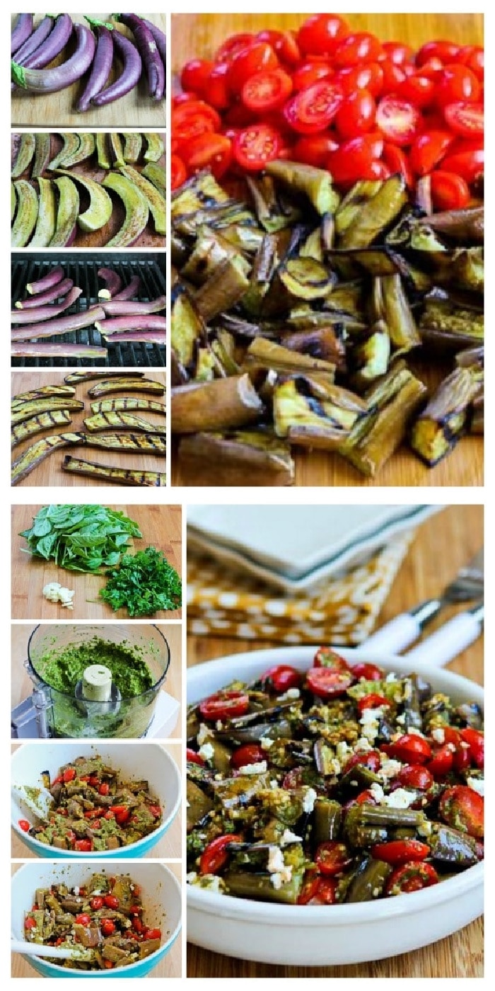 Grilled Eggplant Salad collage showing recipes steps.