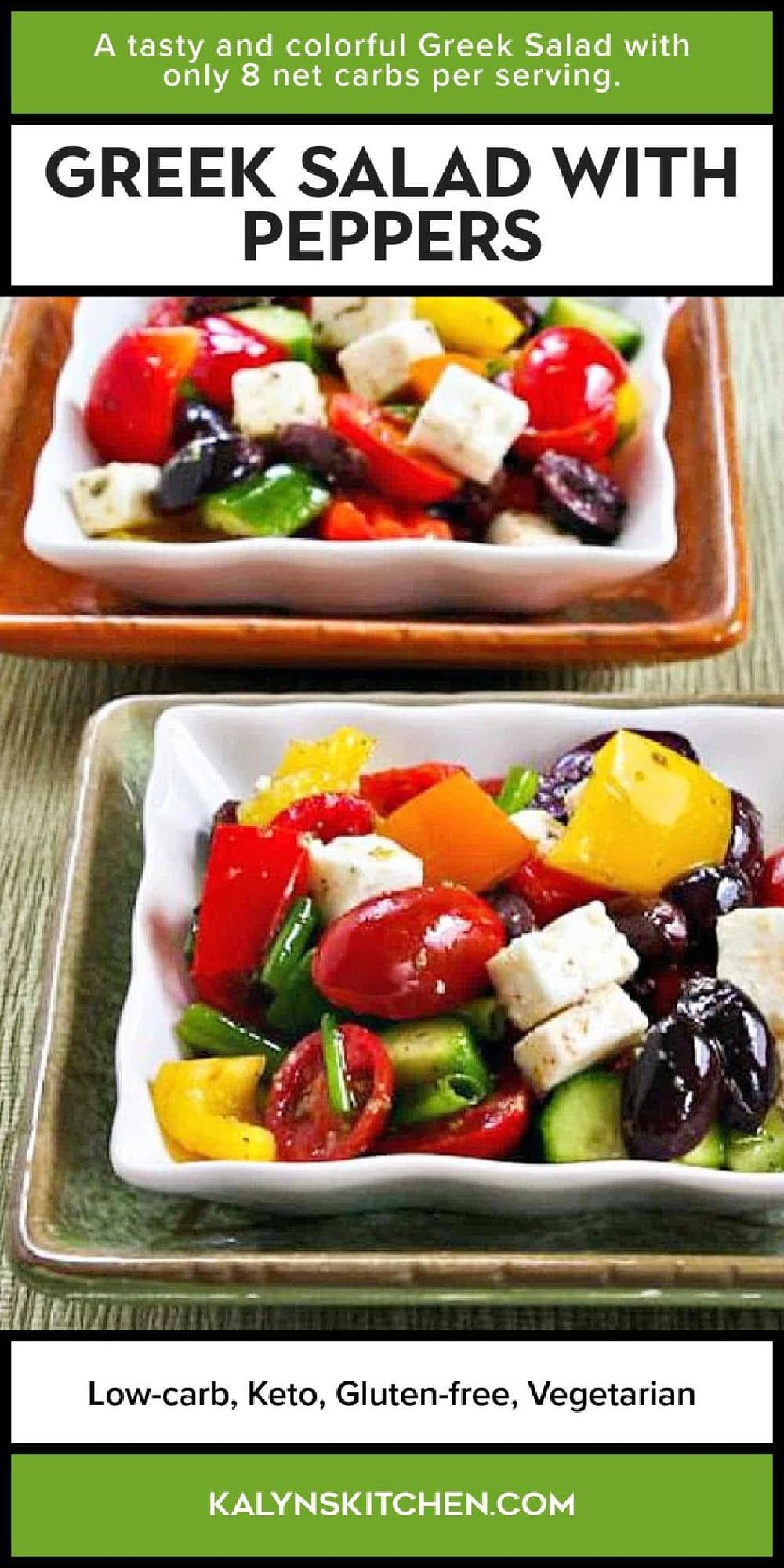 Greek Salad with Peppers Pinterest image shown with two individual serving bowls.