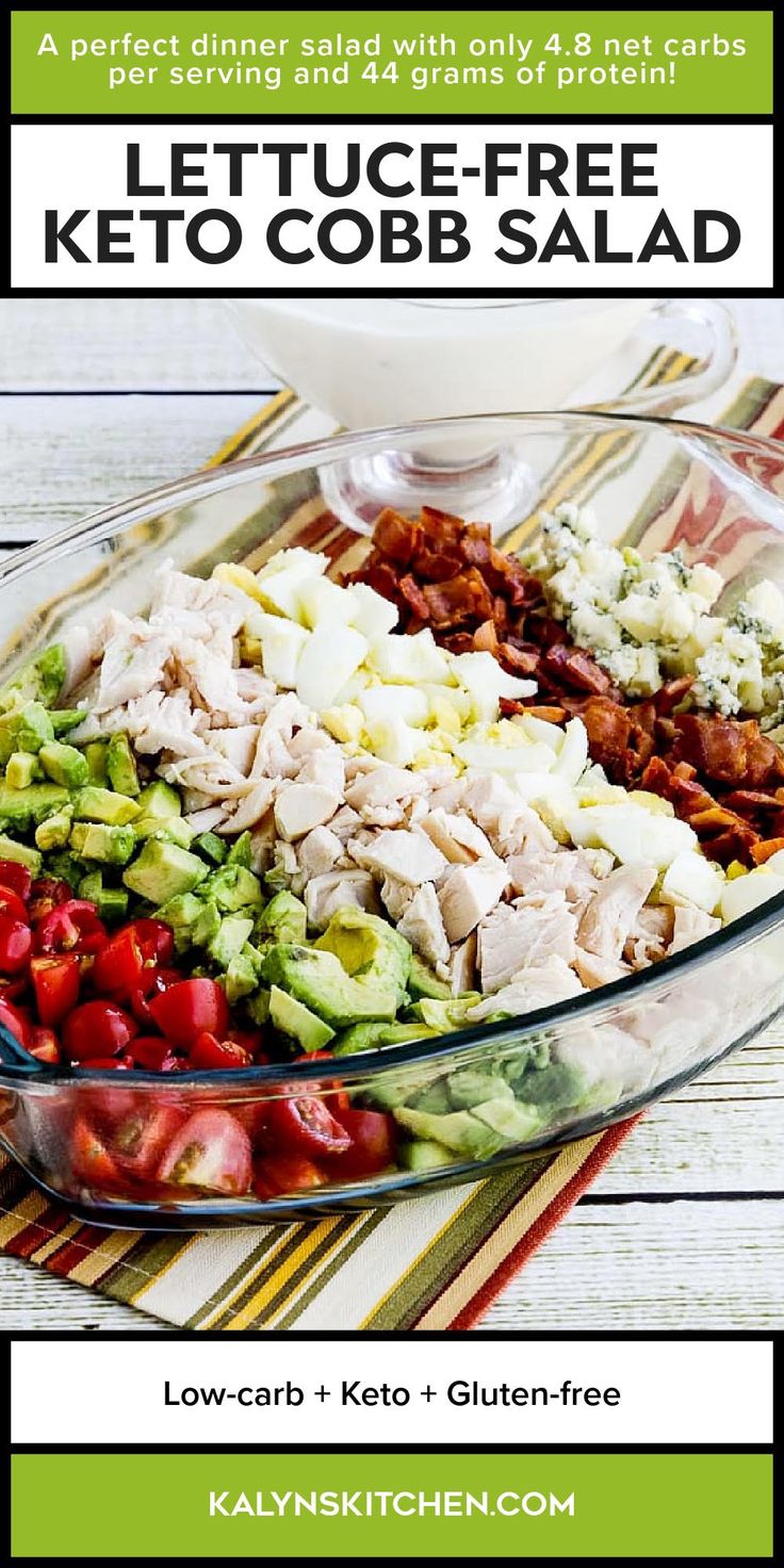Keto Cobb Salad Pinterest image with salad arranged in rows.