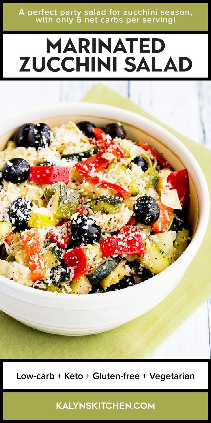 Pinterest image for Marinated Zucchini Salad shown in serving bowl.