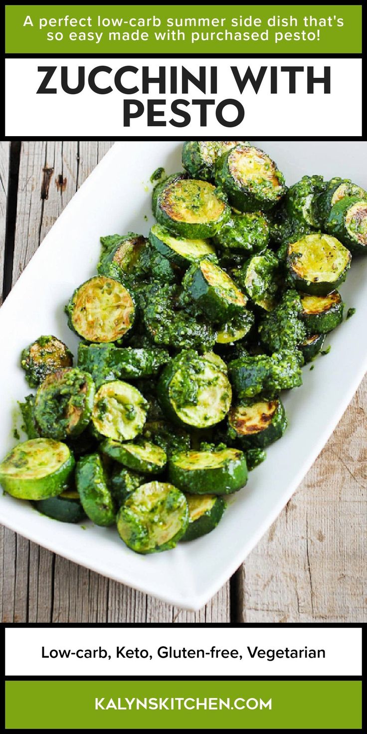 Pinterest image for Zucchini with Pesto shown on serving platter.