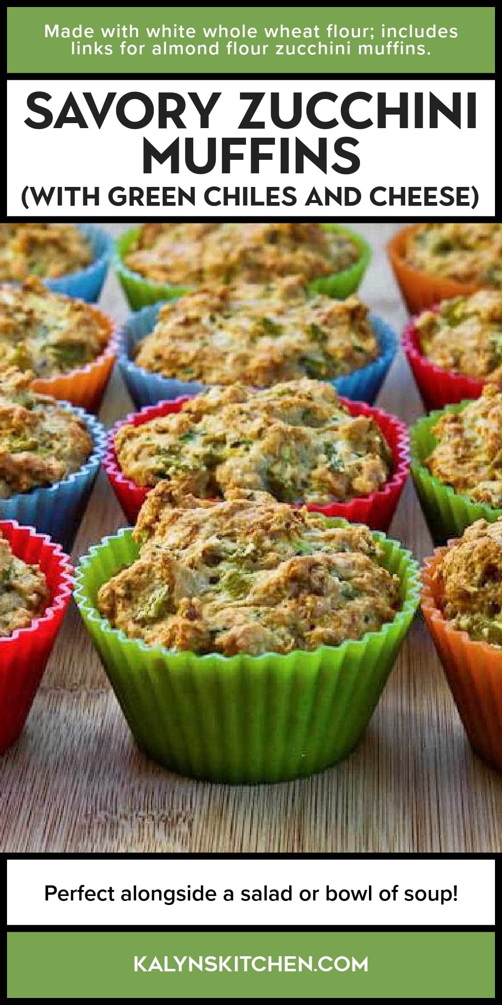 Pinterest image of Savory Zucchini Muffins (with Green Chiles and Cheese)