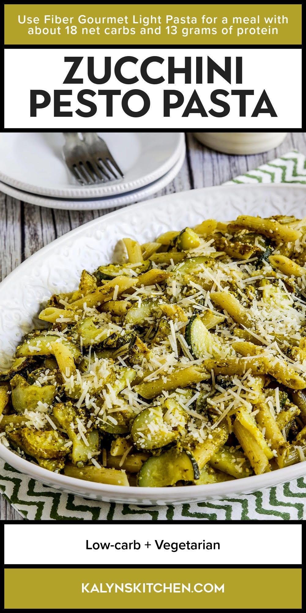 Pinterest image for Zucchini Pesto Pasta shown on serving platter.