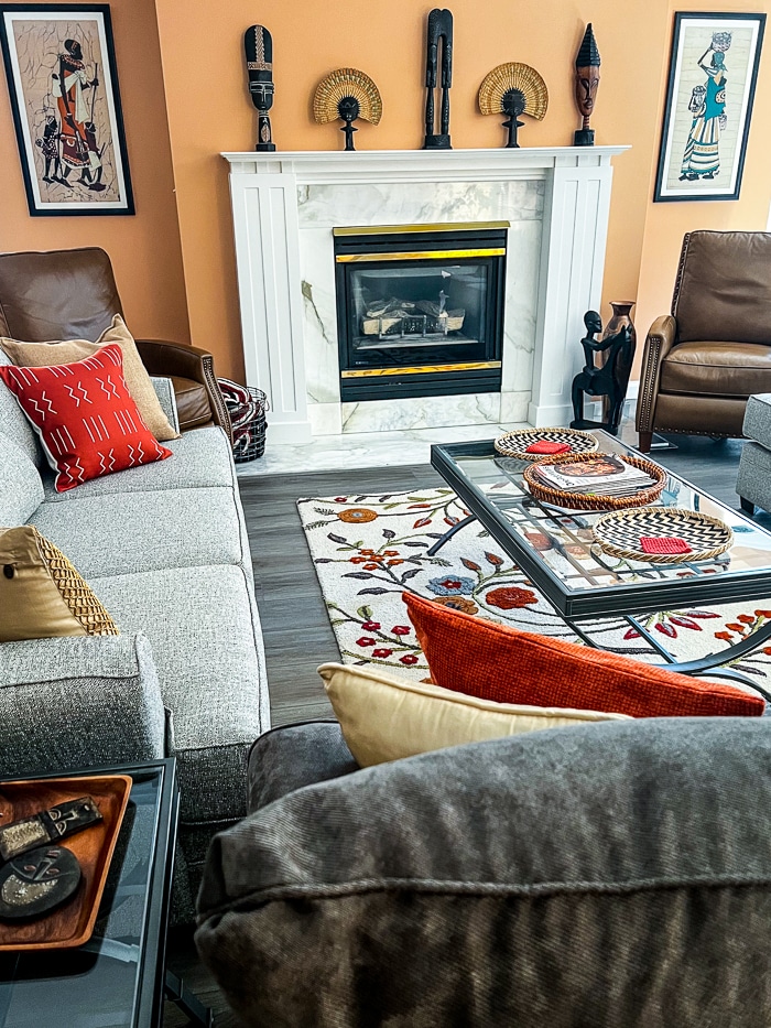 condo living room with fireplace