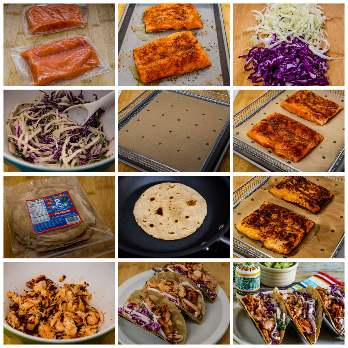 recipe steps collage for Salmon Tacos with Mexican Slaw