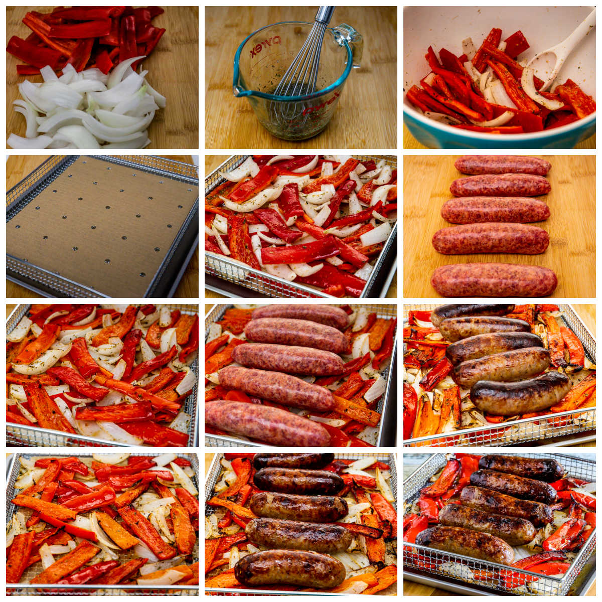 Air Fryer Sausage and Peppers collage of recipe steps