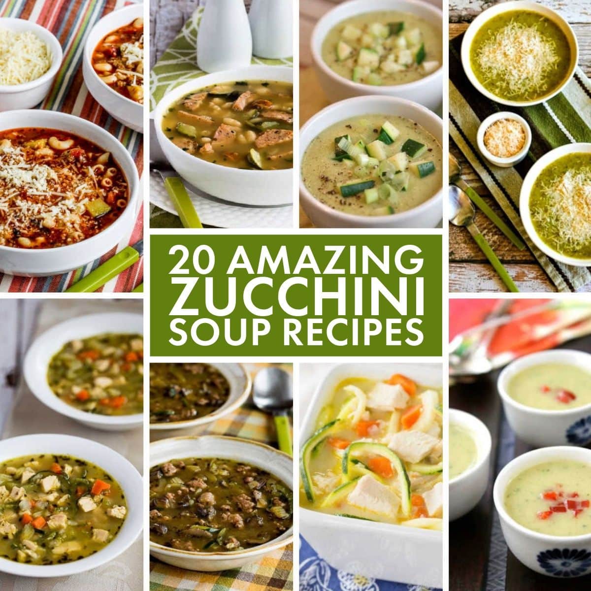 20 Amazing Zucchini Soup Recipes text overlay collage with featured recipes.