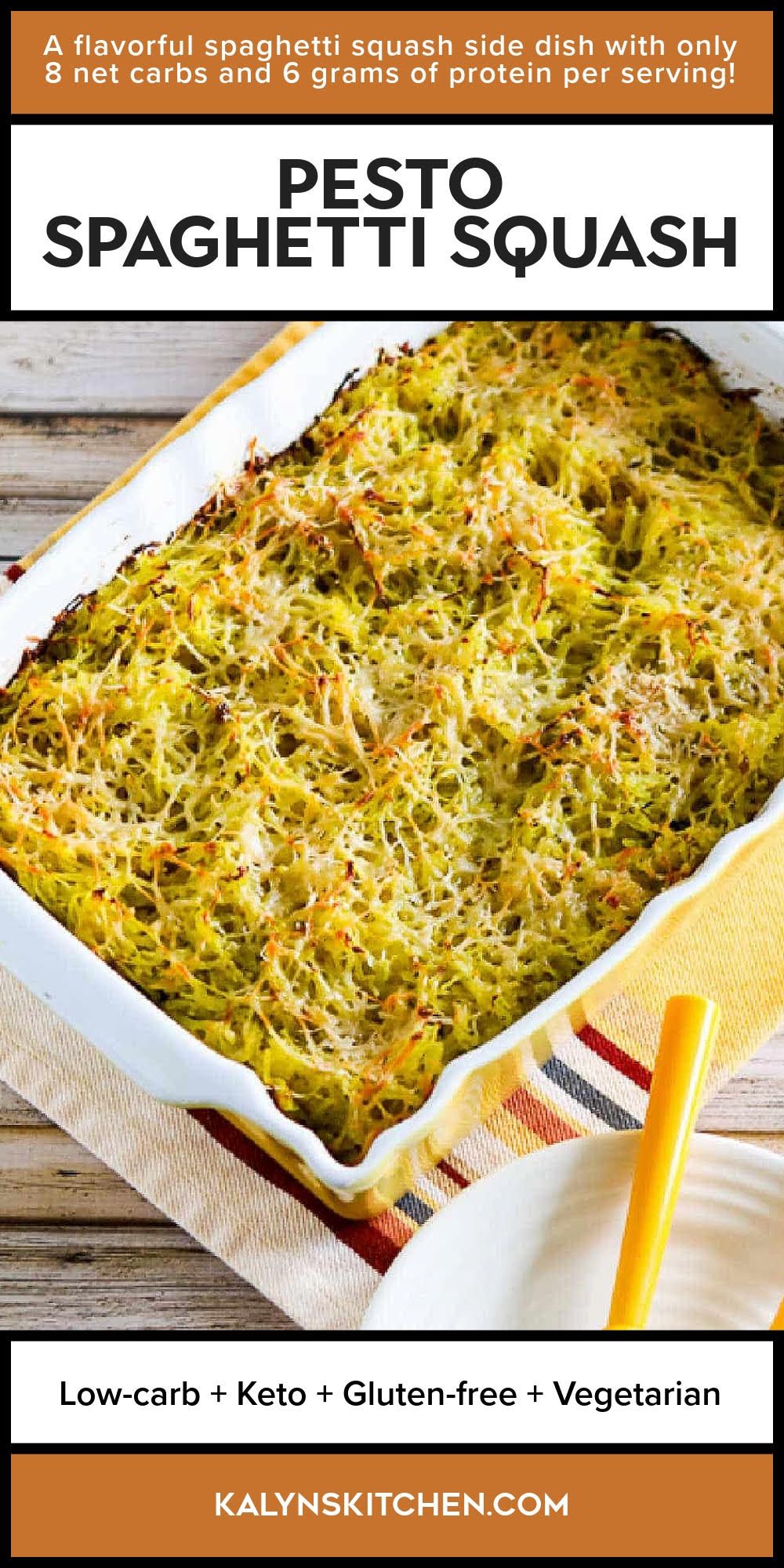 Pinterest image for Pesto Spaghetti Squash shown in baking dish.