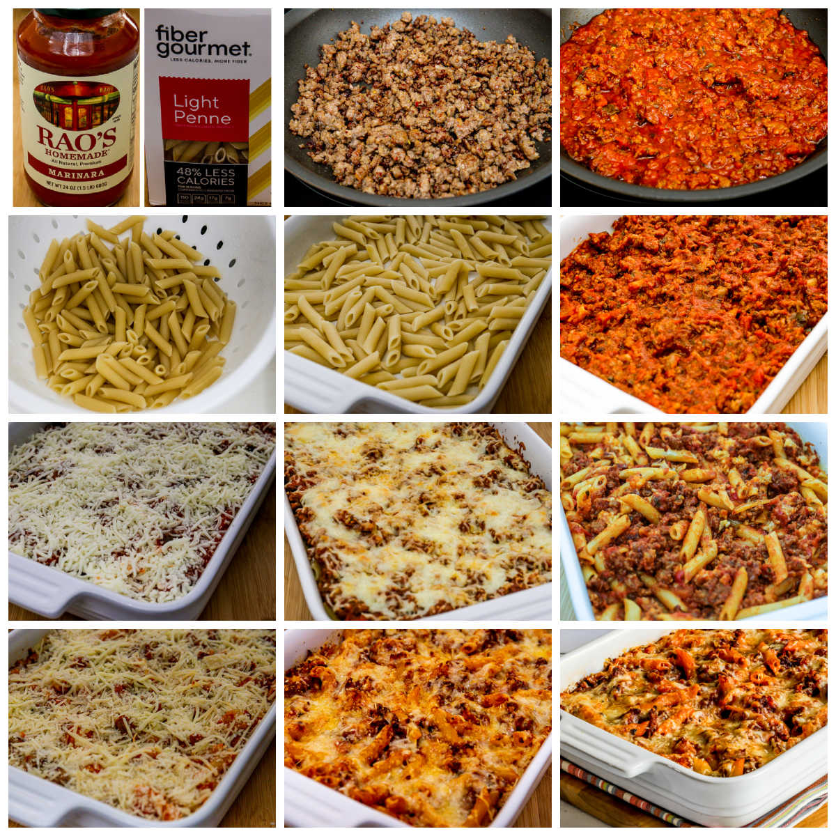 recipe steps collage for Baked Penne with Sausage