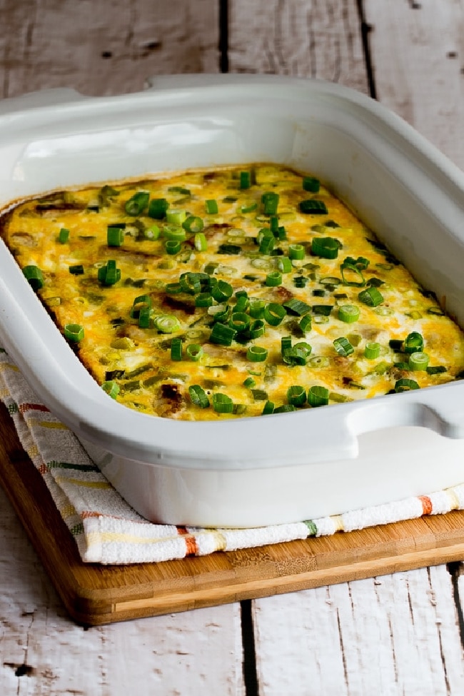 Slow Cooker Sausage Egg Casserole shown in Casserole Crock Pot.