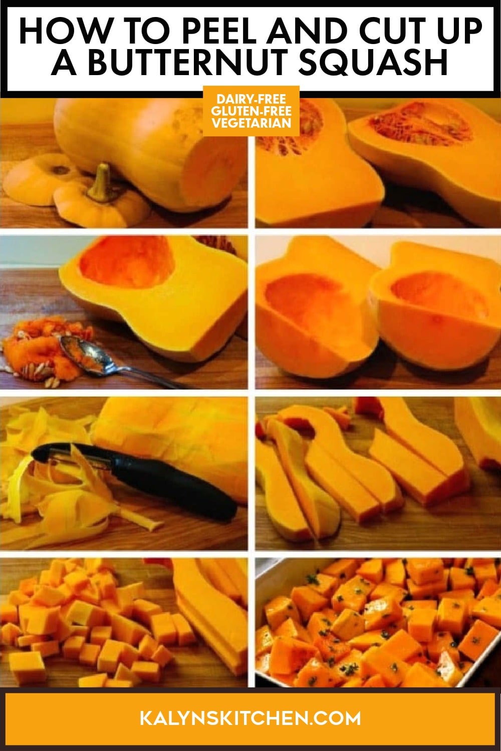 In this Cooking Tips post, I'm going to teach you some easy steps for How to Peel and Cut Up a Butternut Squash. And while I don't judge if you buy pre-cut butternut squash cubes, the freshly peeled and cut squash is so much more flavorful and less expensive! [found on kalynskitchen.com] #ButternutSquash #HowToPeelCutButternutSquash #HowToPeelButternutSquash
