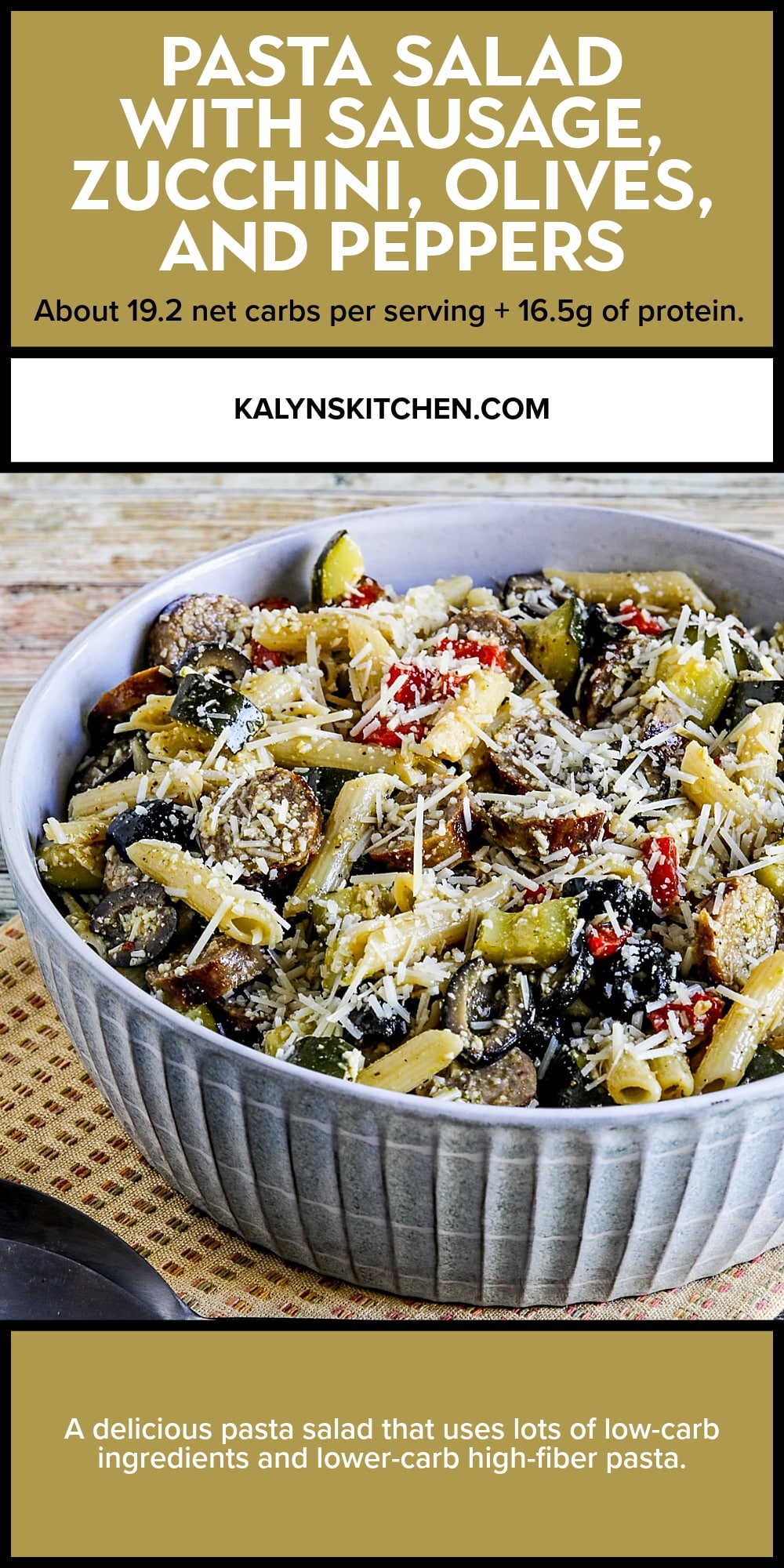 Pinterest image of Pasta Salad with Sausage, Zucchini, Olives, and Peppers