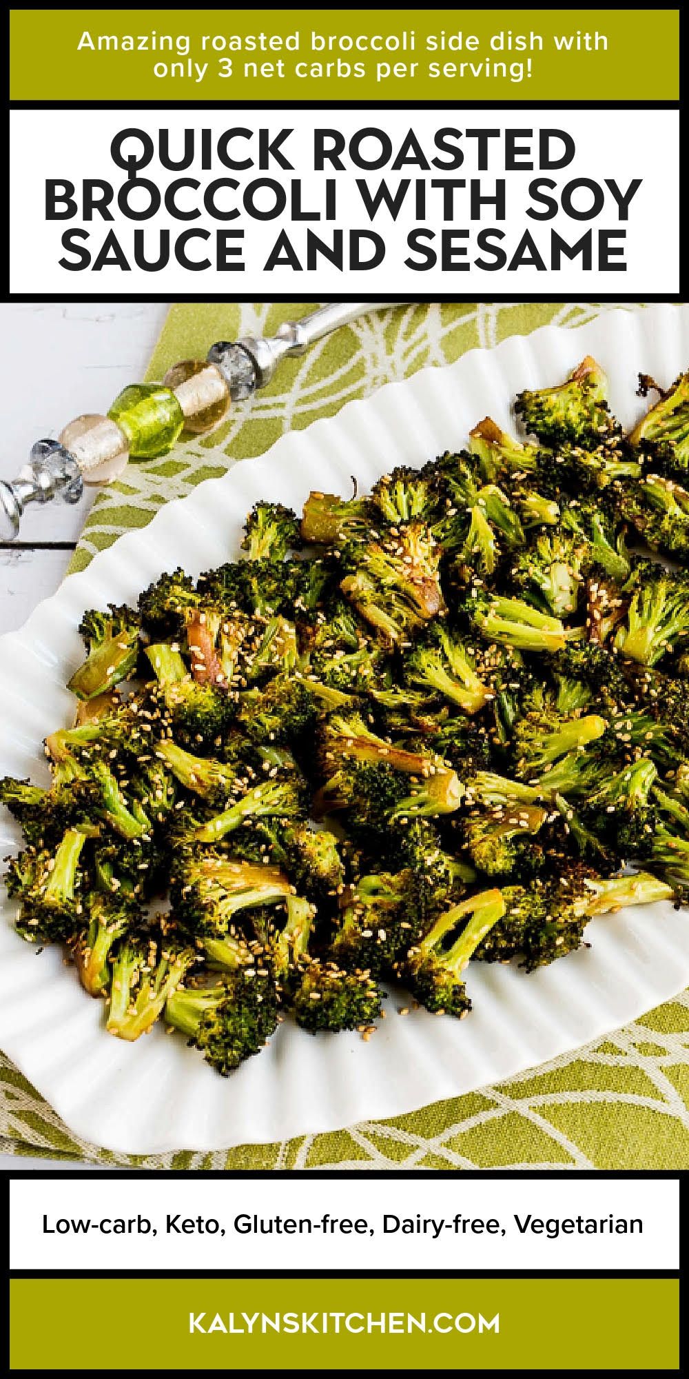 Pinterest image for Quick Roasted Broccoli with Soy Sauce and Sesame shown on baking sheet.