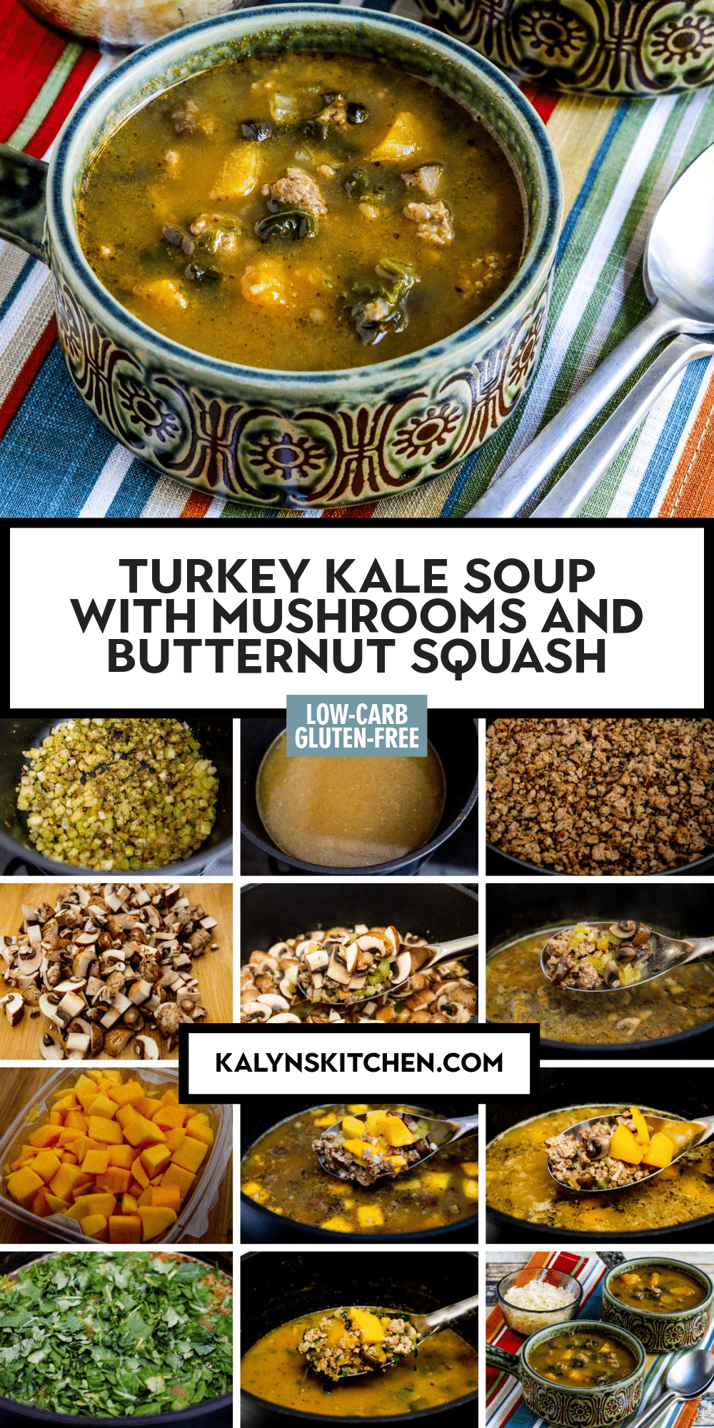 Pinterest image of Turkey Kale Soup with Mushrooms and Butternut Squash