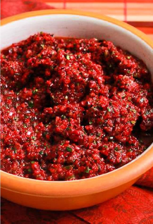Cropped image of Trina's Cranberry Salsa in serving bowl.