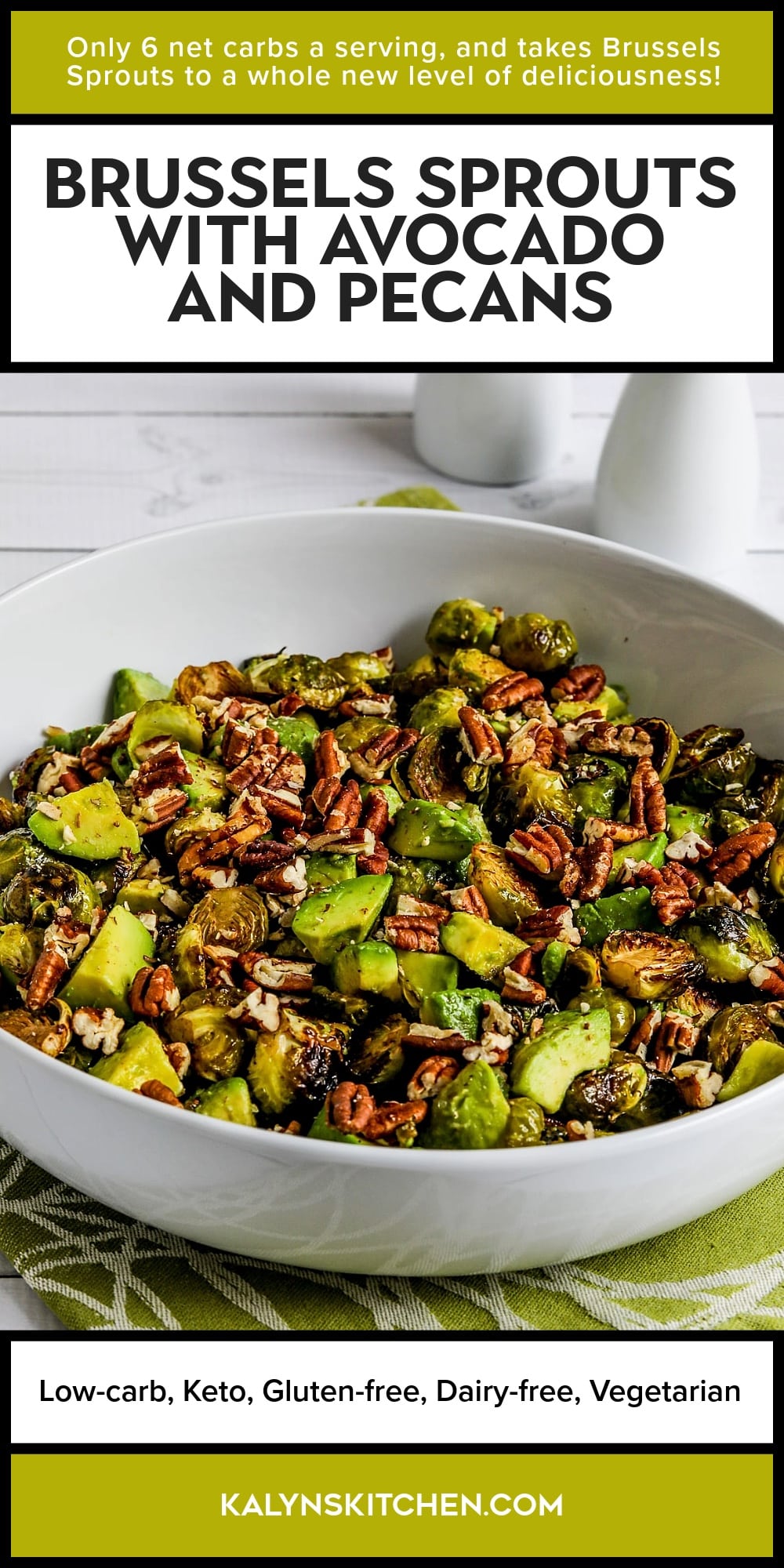 Pinterest image of BRUSSELS SPROUTS WITH AVOCADOS AND PECANS