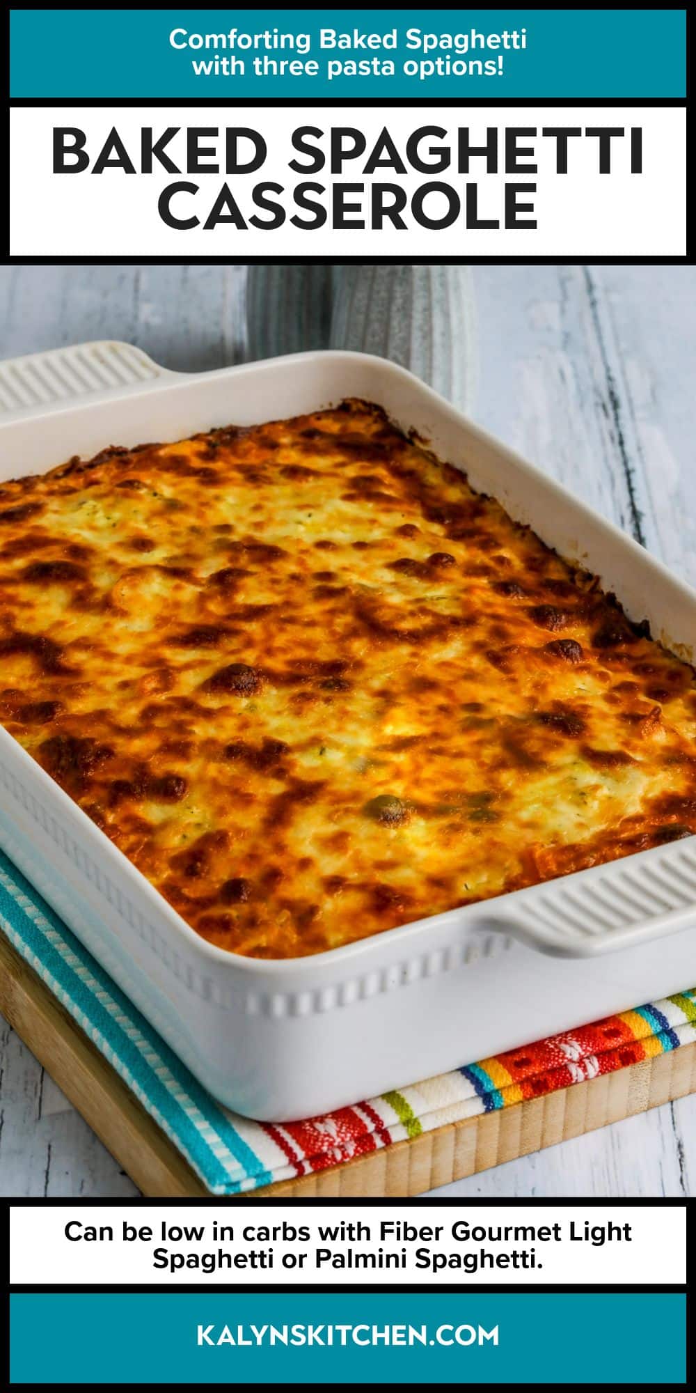 Pinterest image for Baked Spaghetti Casserole shown in baking dish.