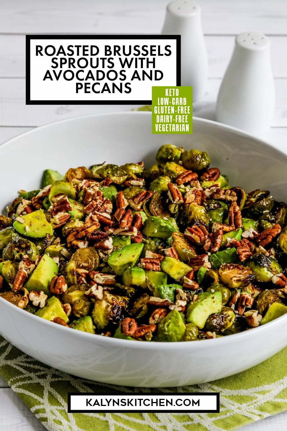 Pinterest image of Roasted Brussels Sprouts with Avocados and Pecans