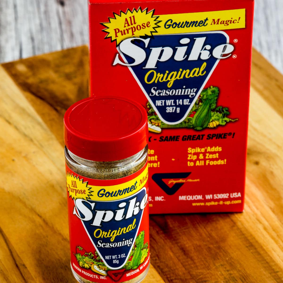 Square image for Spike Seasoning shown in box and bottle.
