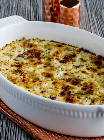 Turnip Gratin (with Bacon) shown in baking dish on napkin