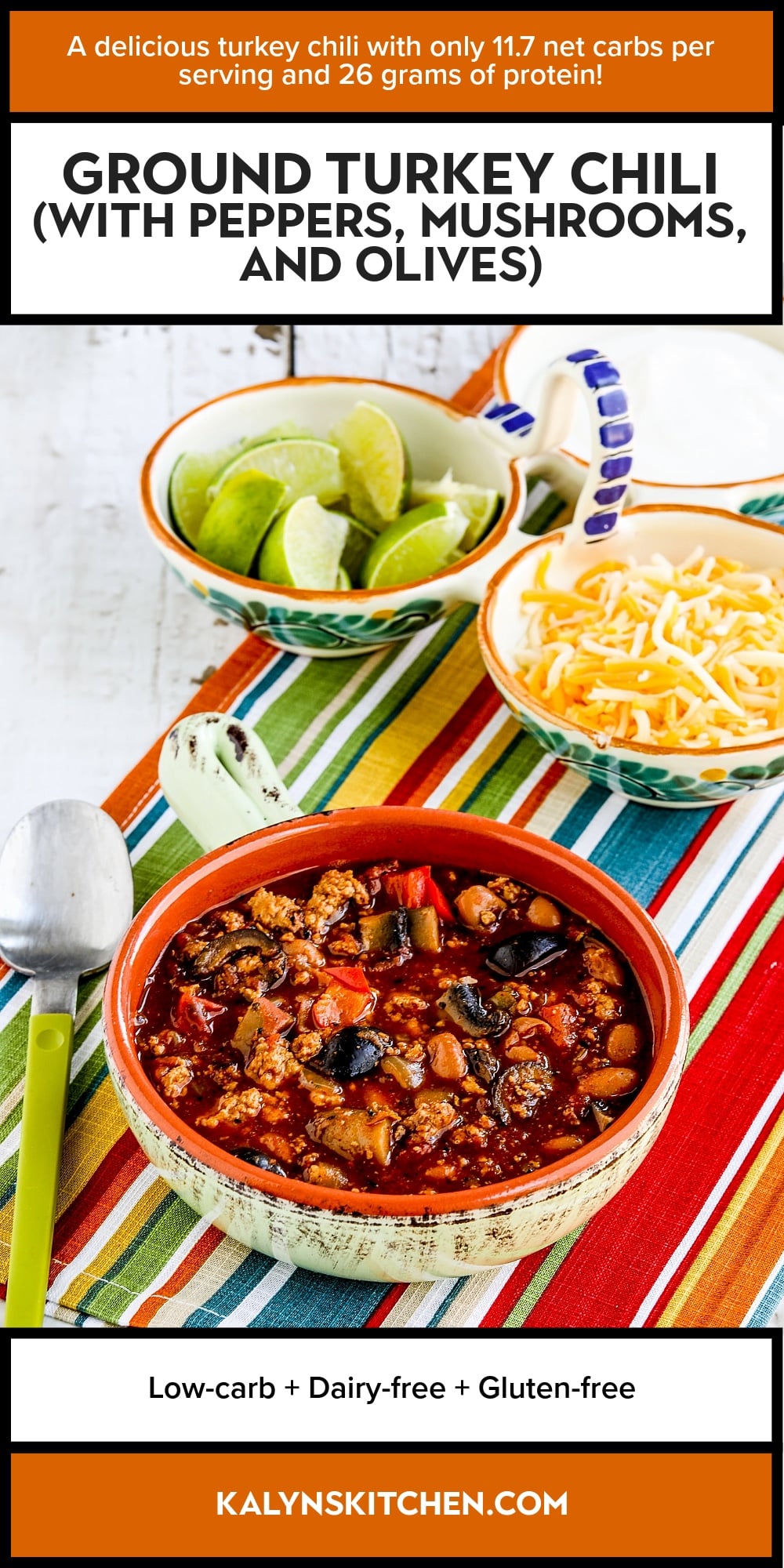 Pinterest image of Ground Turkey Chili (with Peppers, Mushrooms, and Olives)