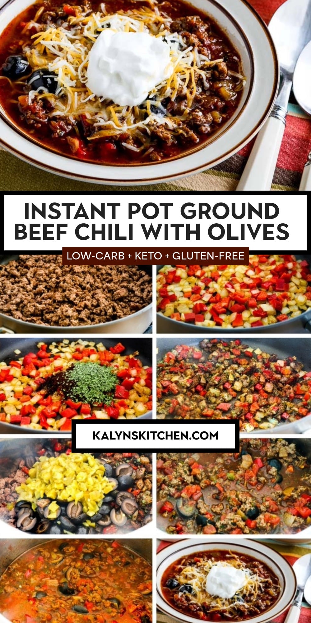 Pinterest image of Instant Pot Ground Beef Chili with Olives