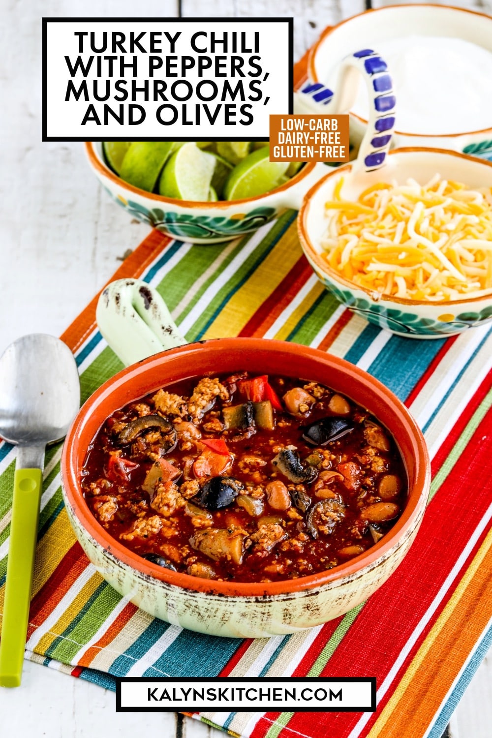 Pinterest image of Turkey Chili with Peppers, Mushrooms, and Olives