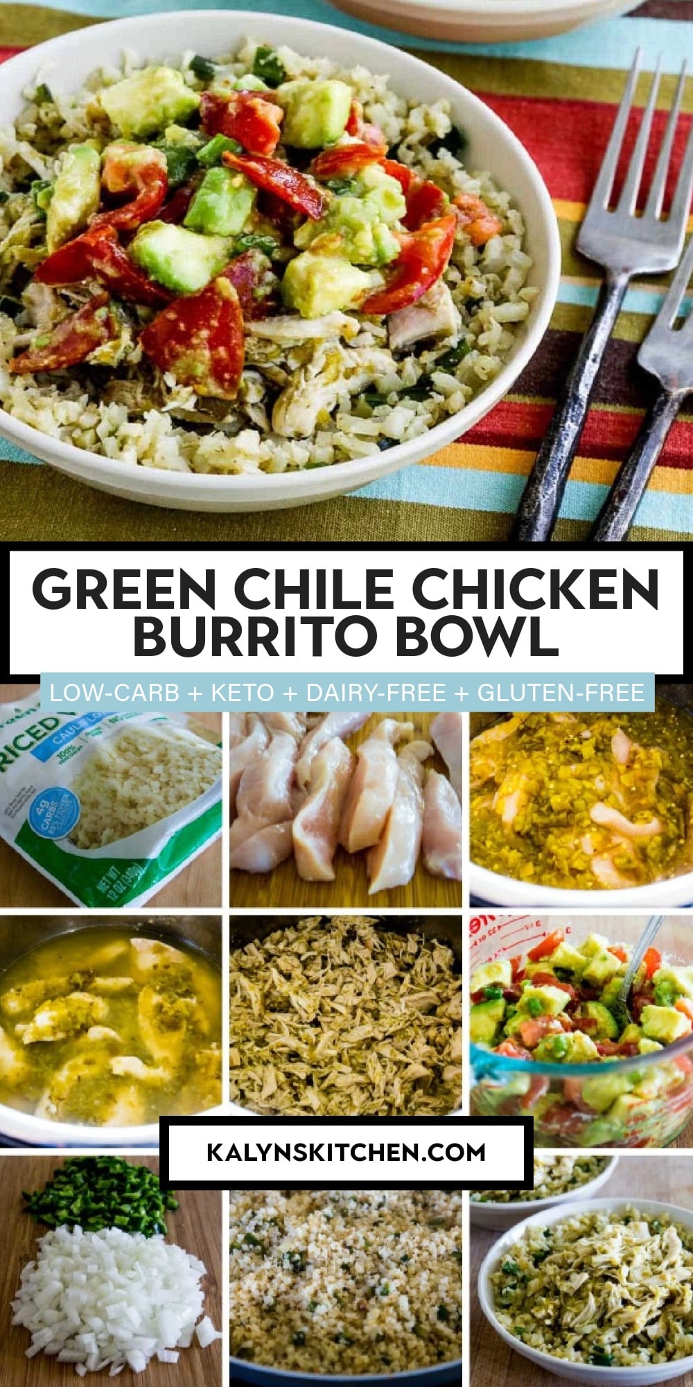 Pinterest image of Green Chile Chicken Burrito Bowl