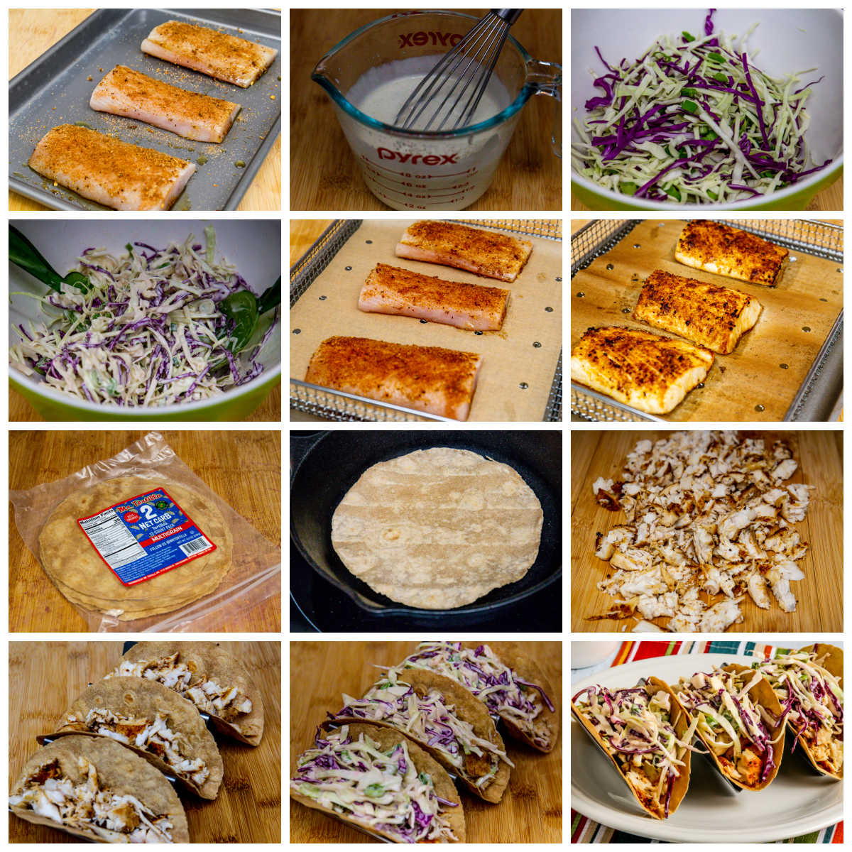 Collage of air fryer fish taco recipe steps
