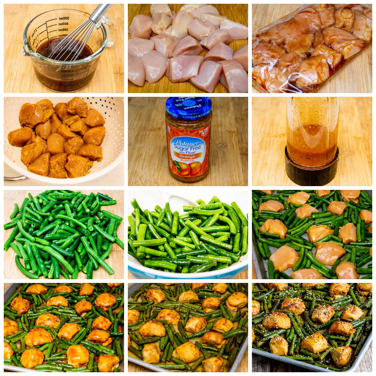 Collage of Asian Chicken and Green Bean Sheet Bread Meal Recipe Steps