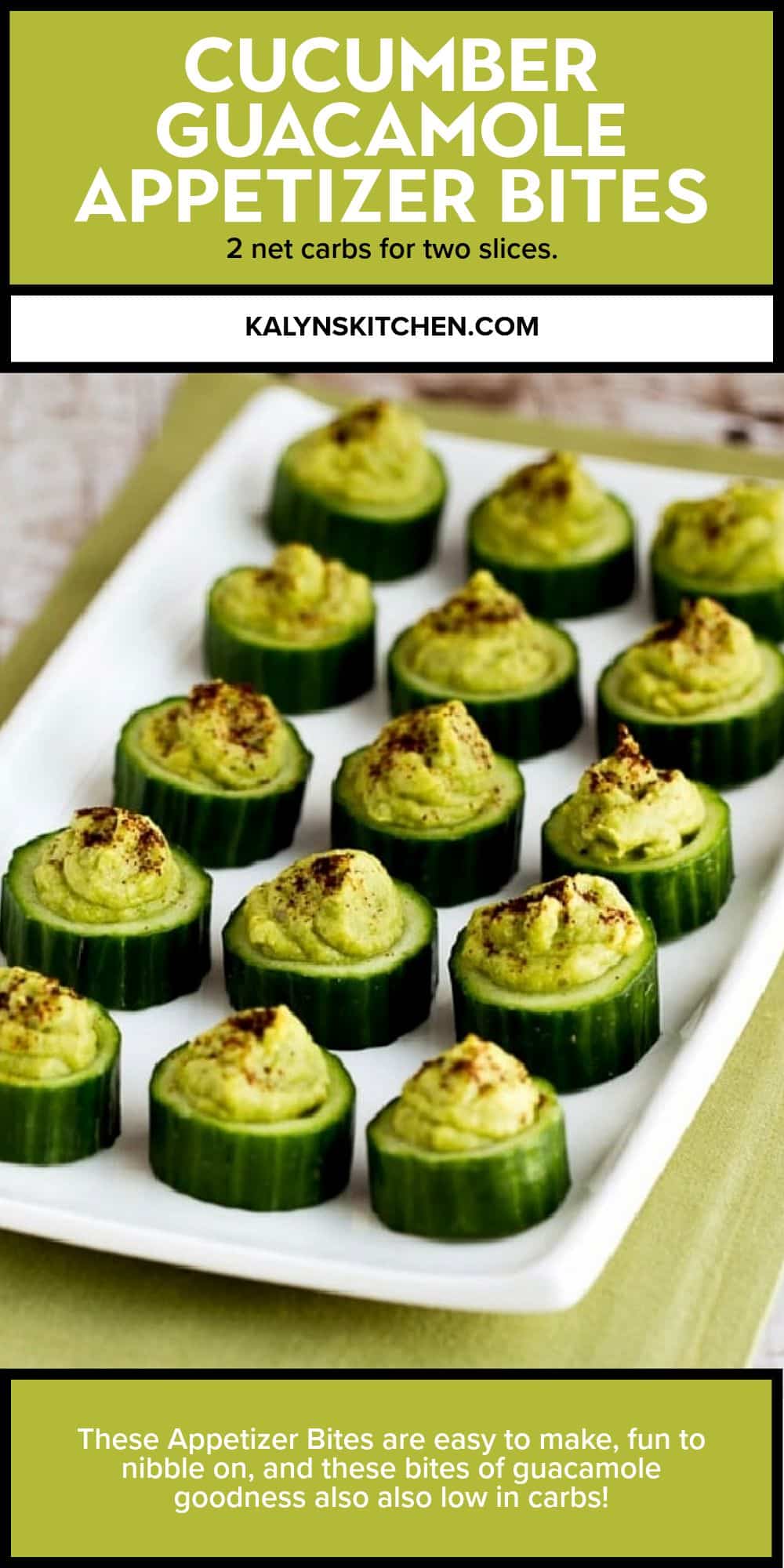 Pinterest image for Cucumber Guacamole Appetizer Bites shown on serving platter.