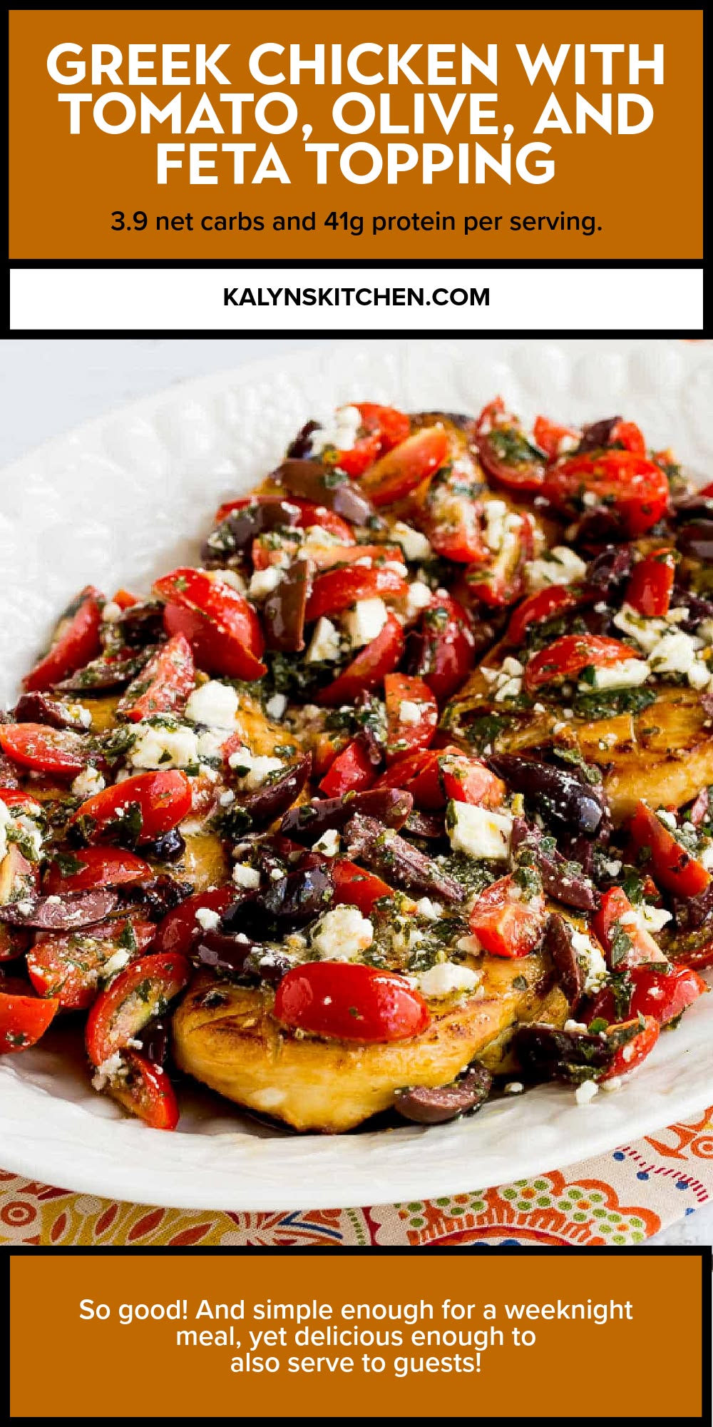 Pinterest image for Greek Chicken with Tomato, Olive, and Feta Topping shown on serving platter.