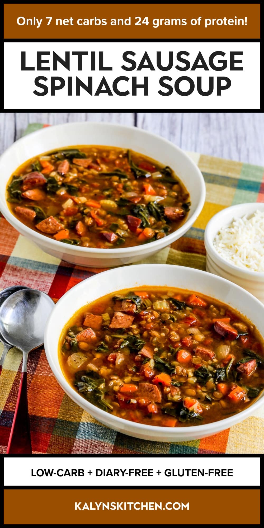 Pinterest image of Lentil Sausage Spinach Soup