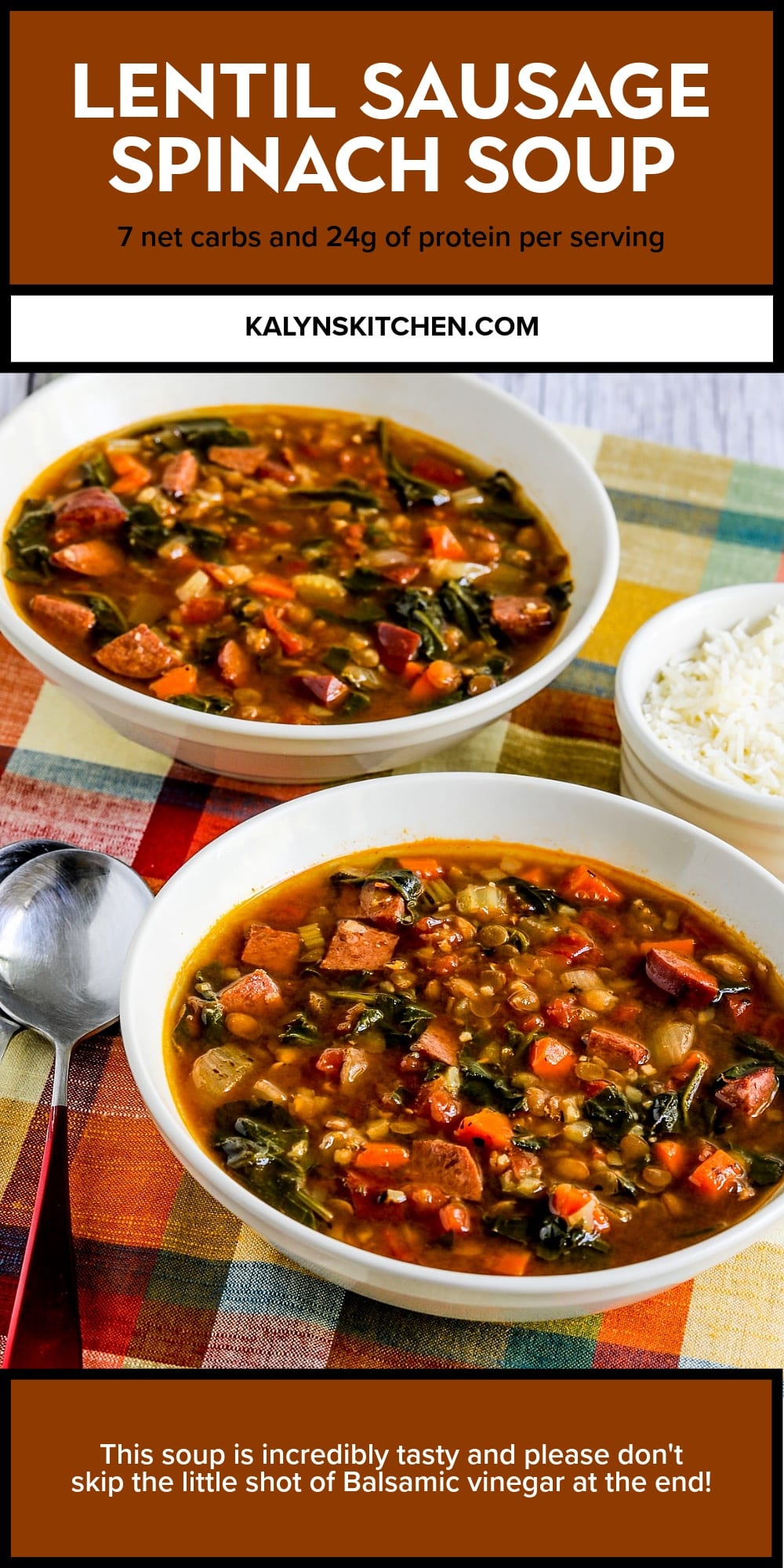 Pinterest image of Lentil Sausage Spinach Soup