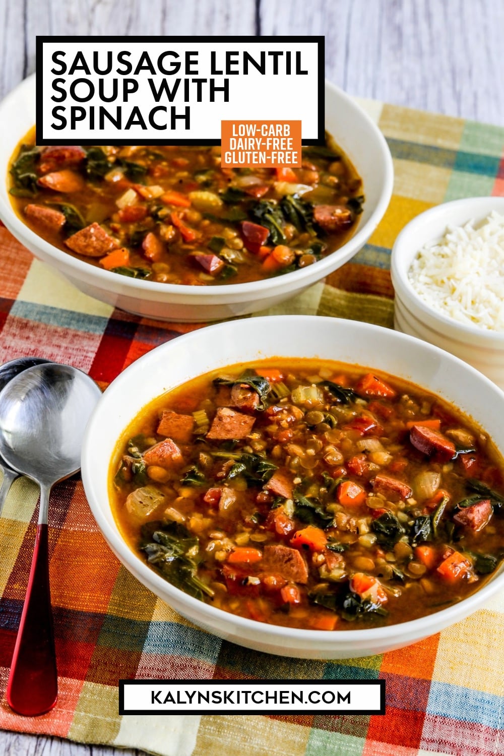 Pinterest image of Sausage Lentil Soup with Spinach