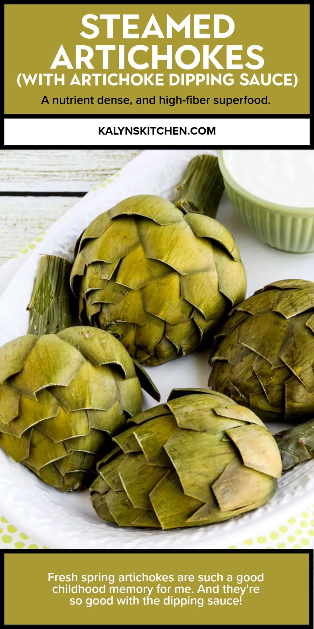 Pinterest image of Steamed Artichokes (with Artichoke Dipping Sauce)