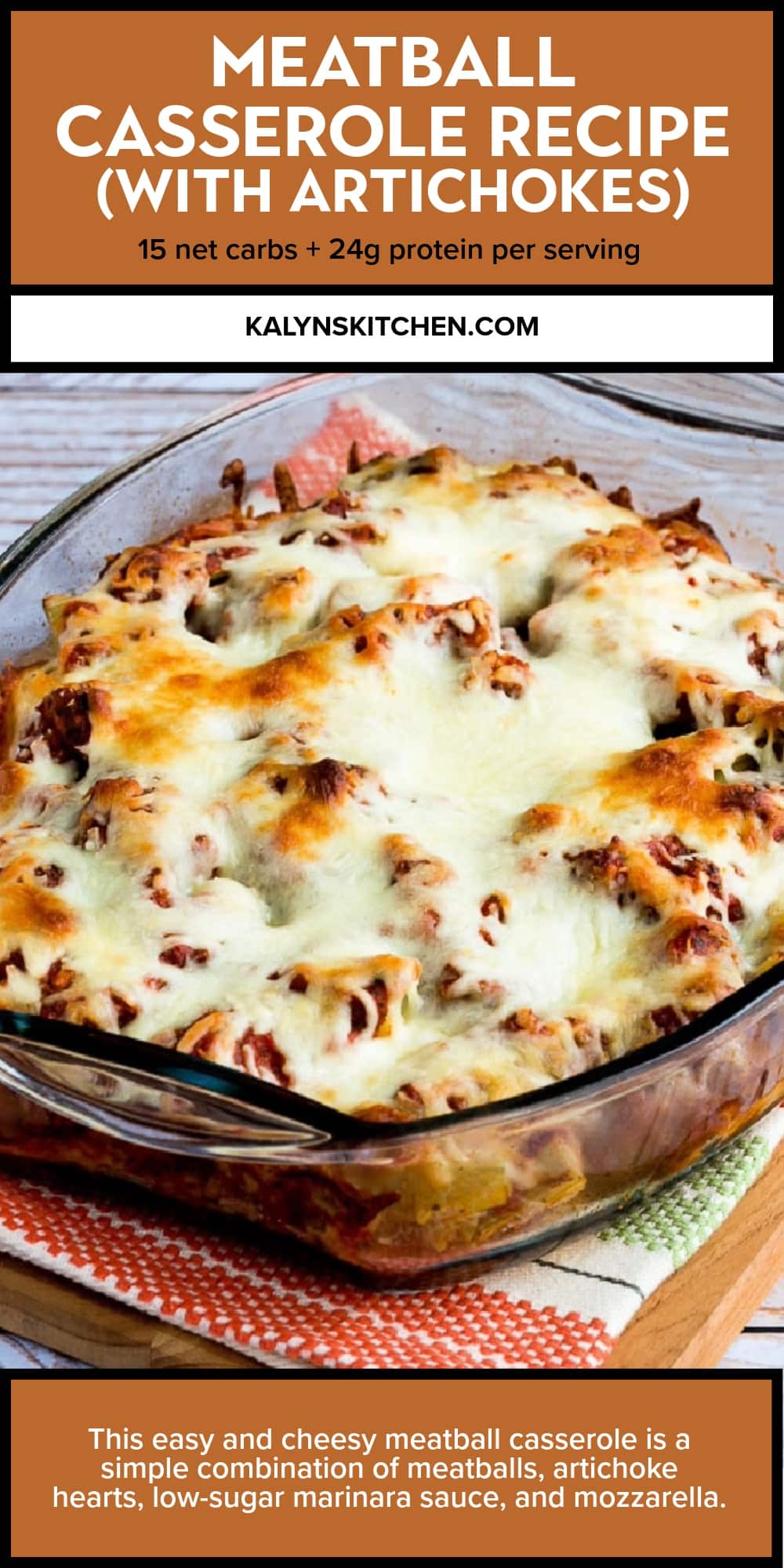 Pinterest image of Meatball Casserole Recipe (with Artichokes)