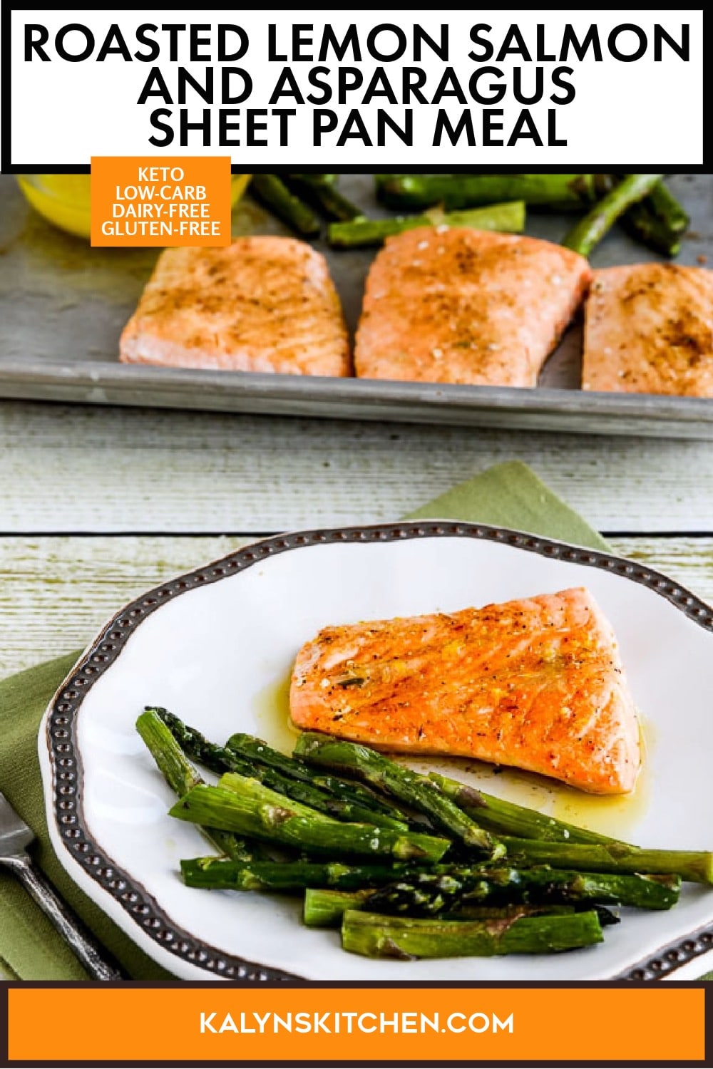 Pinterest image of Roasted Lemon Salmon and Asparagus Sheet Pan Meal 