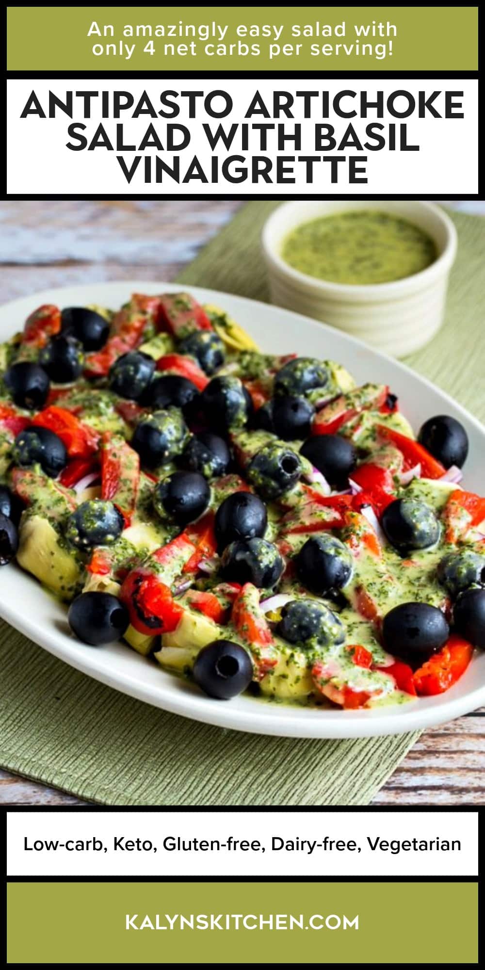 Pinterest image of Antipasto Artichoke Salad with Basil Vinaigrette