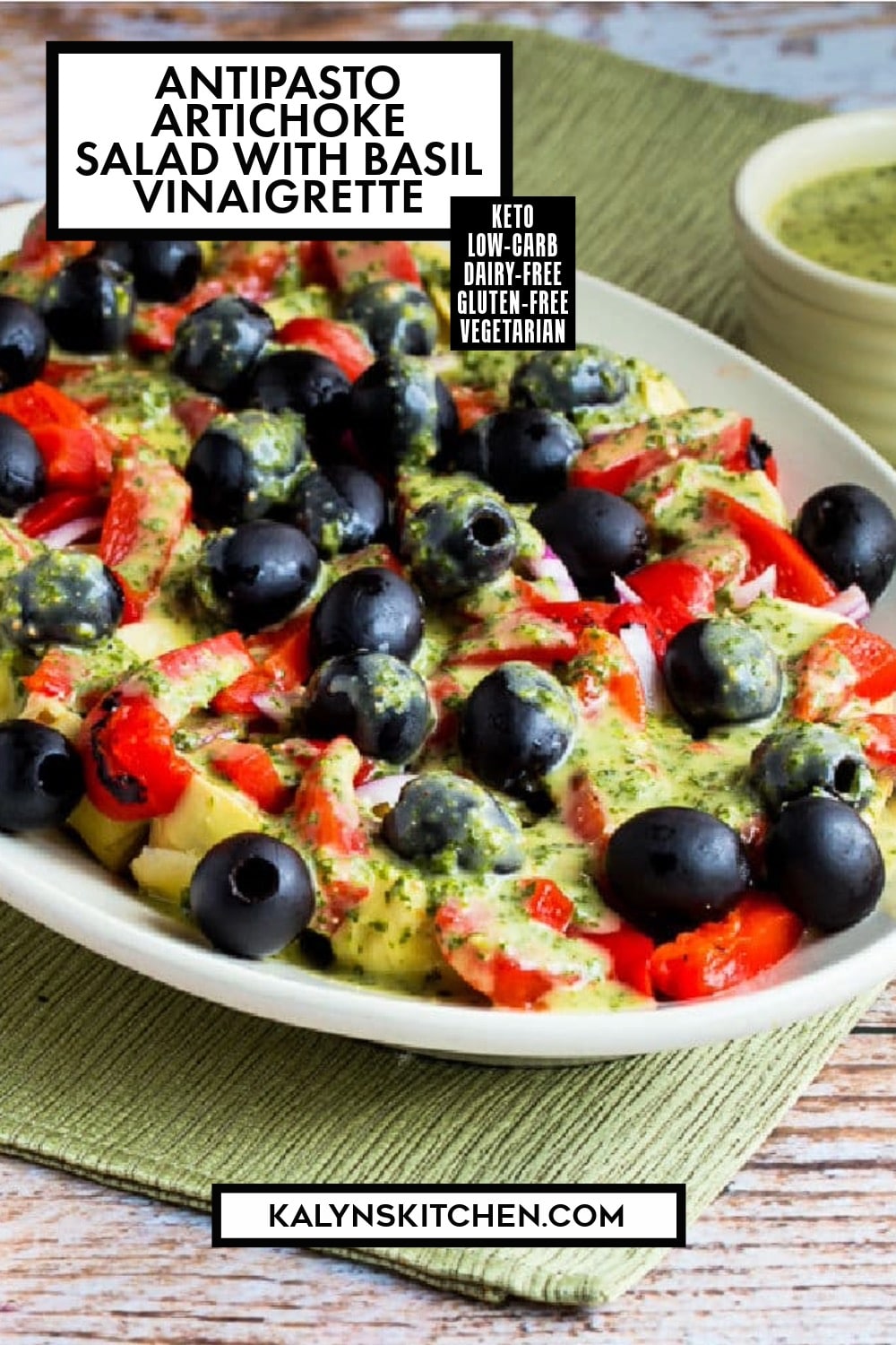 Pinterest image of Antipasto Artichoke Salad with Basil Vinaigrette