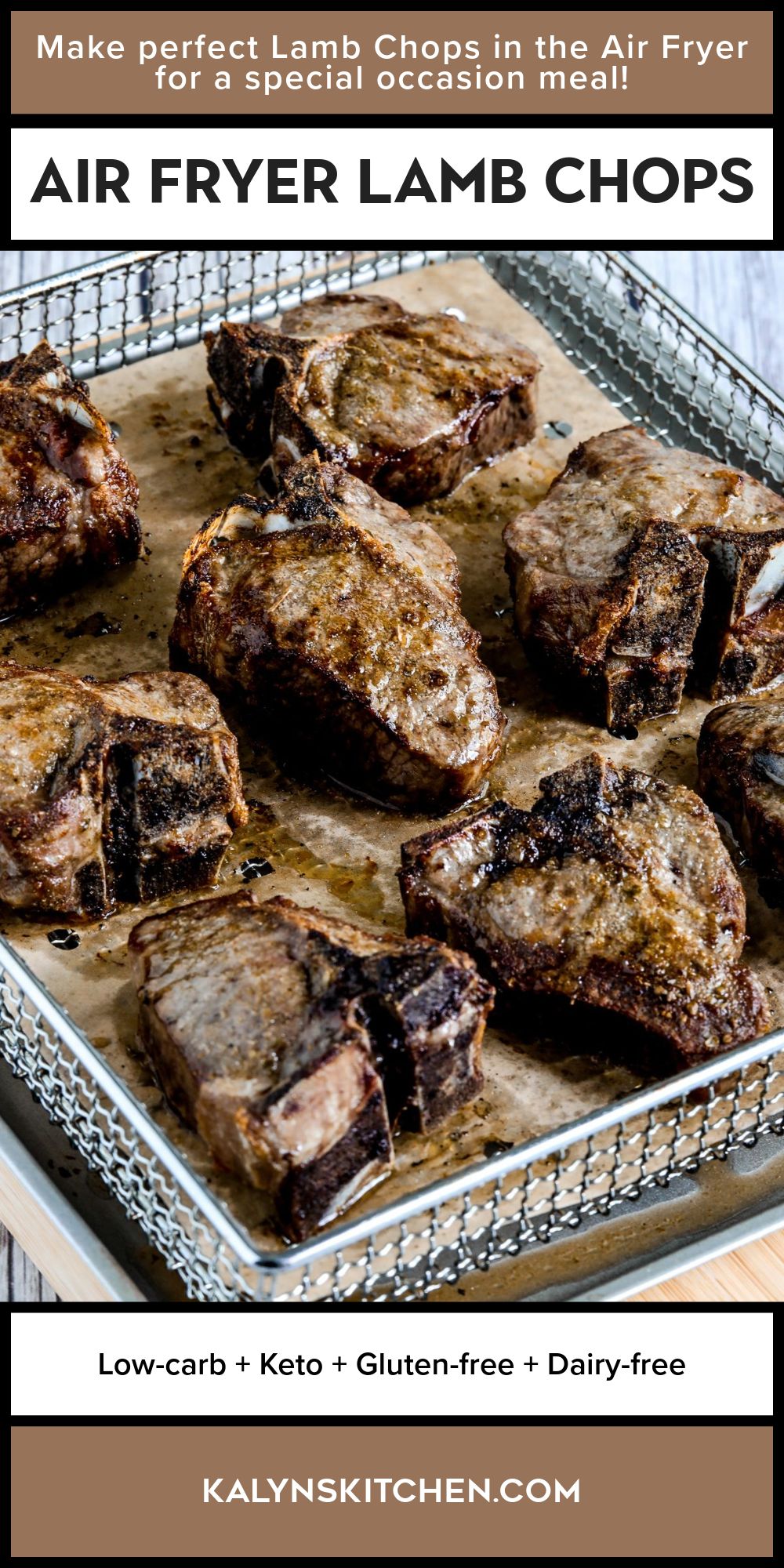Pinterest image for Air Fryer Lamb Chops showing lamb in air fryer basket.