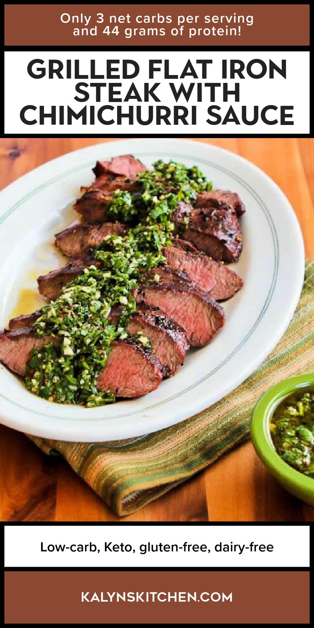 Pinterest image of Grilled Flat Iron Steak with Chimichurri Sauce