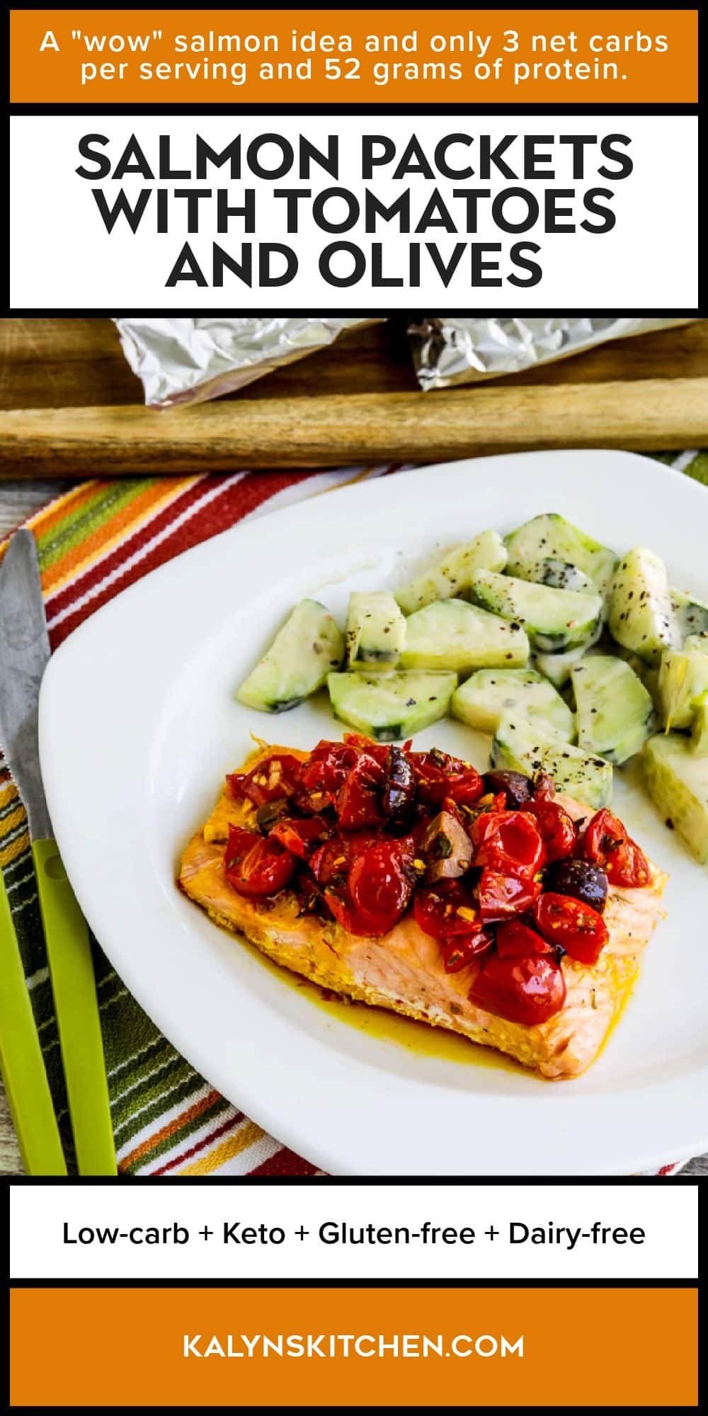 Pinterest image of Salmon Packets with Tomatoes and Olives