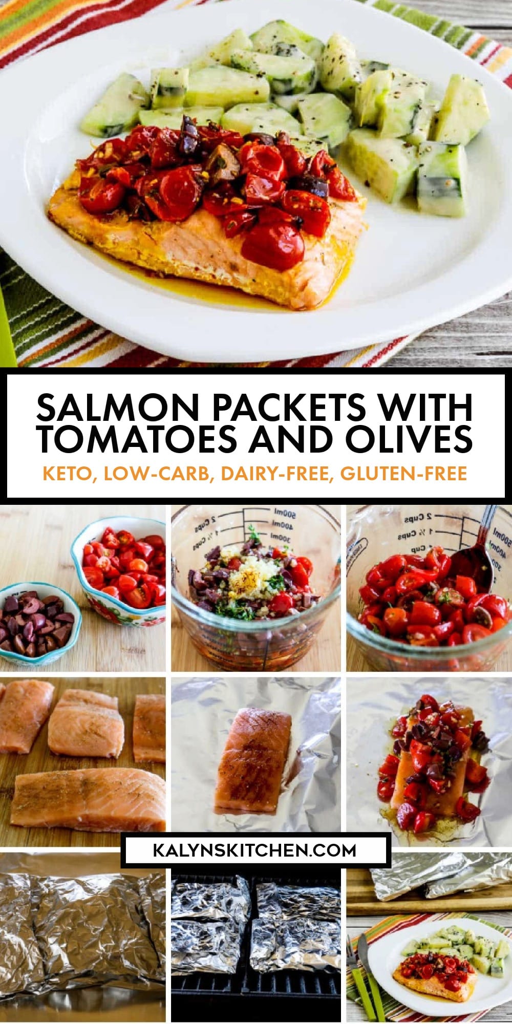 Pinterest image of Salmon Packets with Tomatoes and Olives