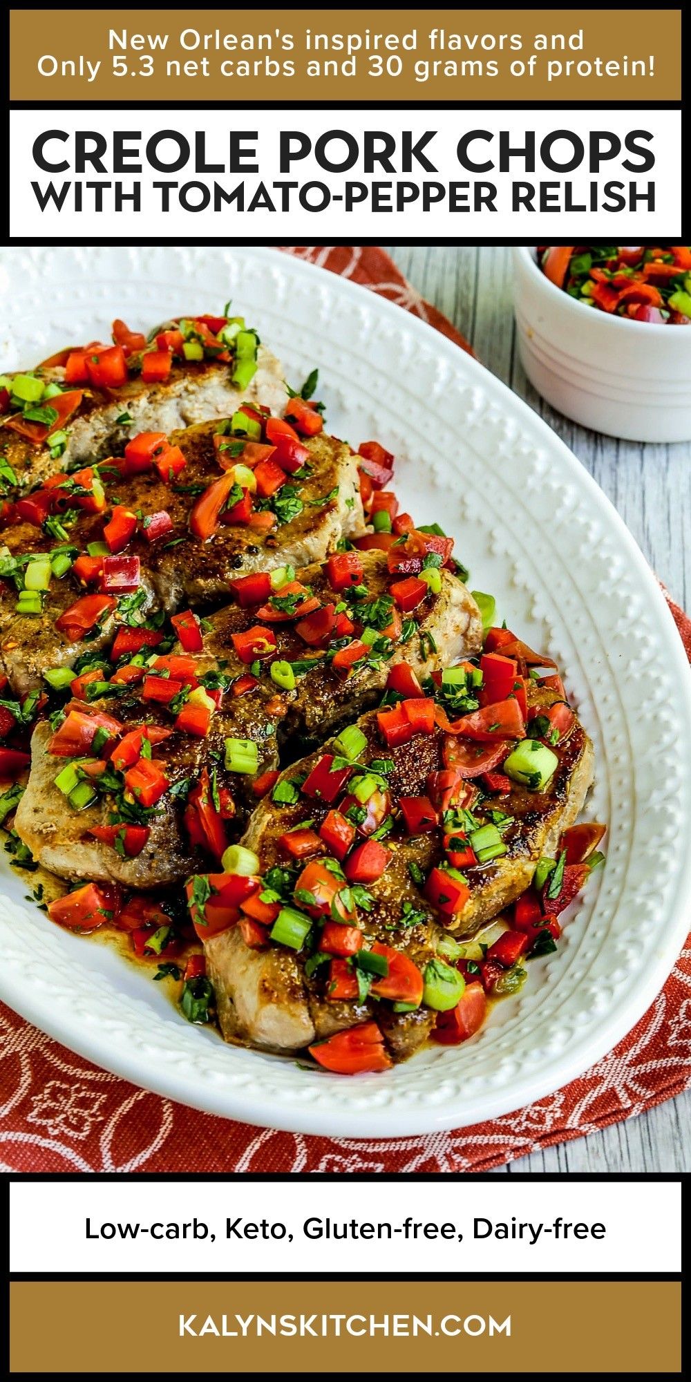 Pinterest image for Creole Pork Chops with Tomato Pepper Relish shown on serving platter.