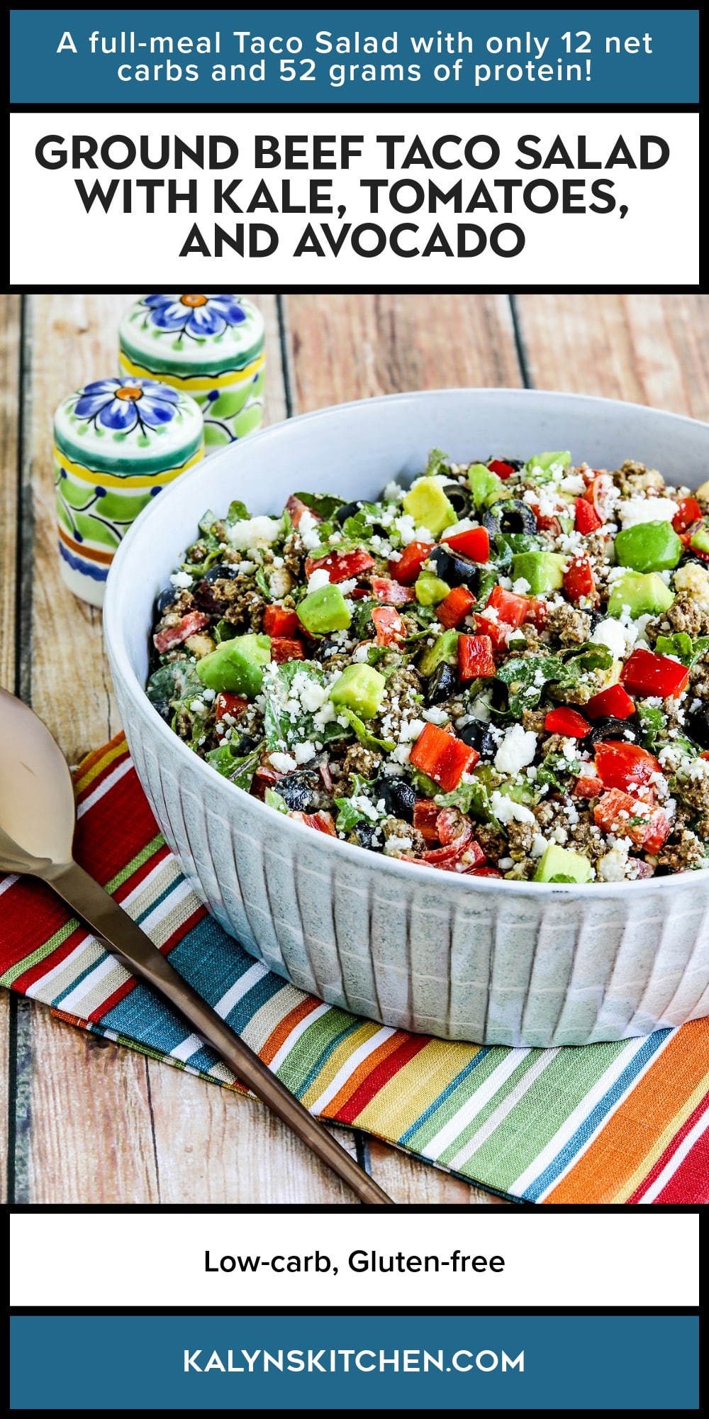 Pinterest image of Ground Beef Taco Salad with Kale, Tomatoes, and Avocado