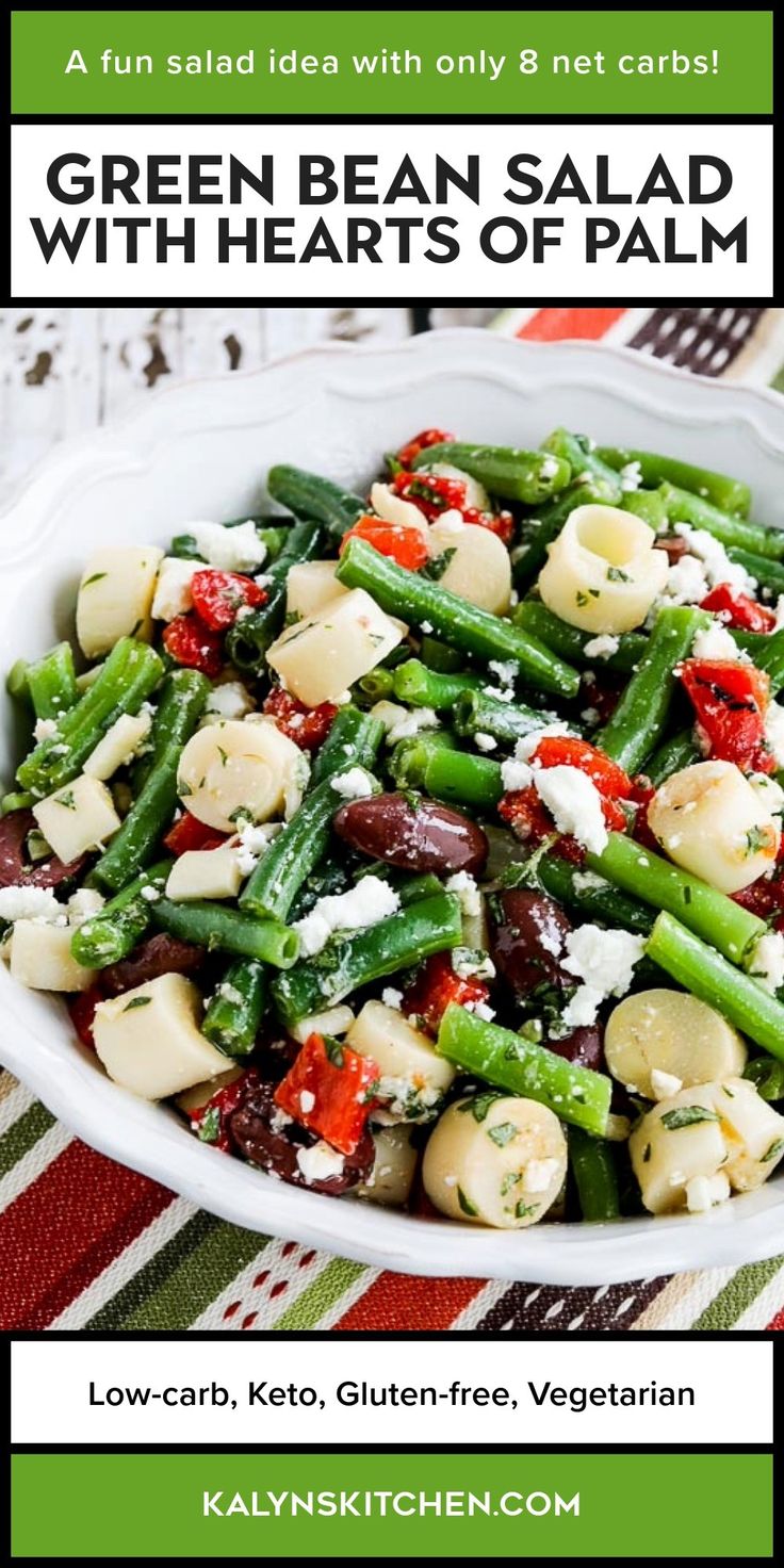 Pinterest image for Green Bean Salad with Hearts of Palm shown on serving dish.