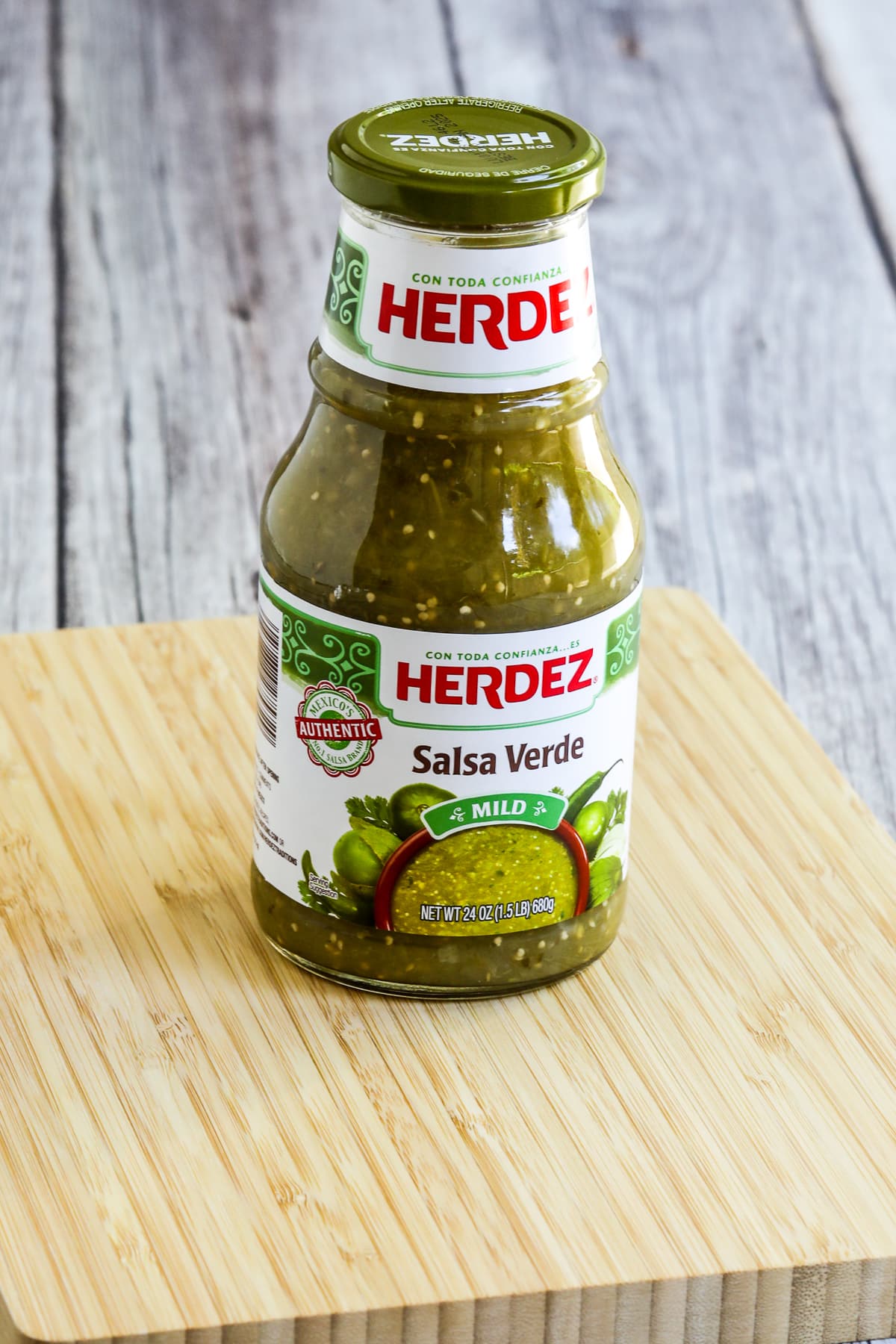 Herdez Salsa Verde on cutting board.