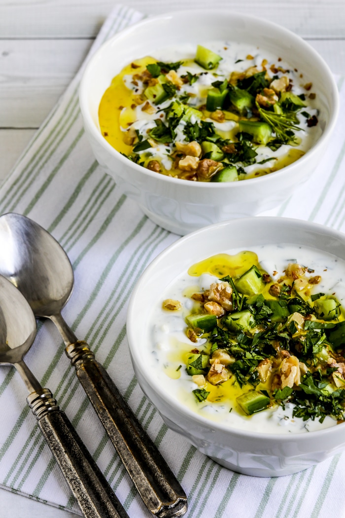 Tarator (Chilled Cucumber Yogurt Soup) shown in two serving bowls.