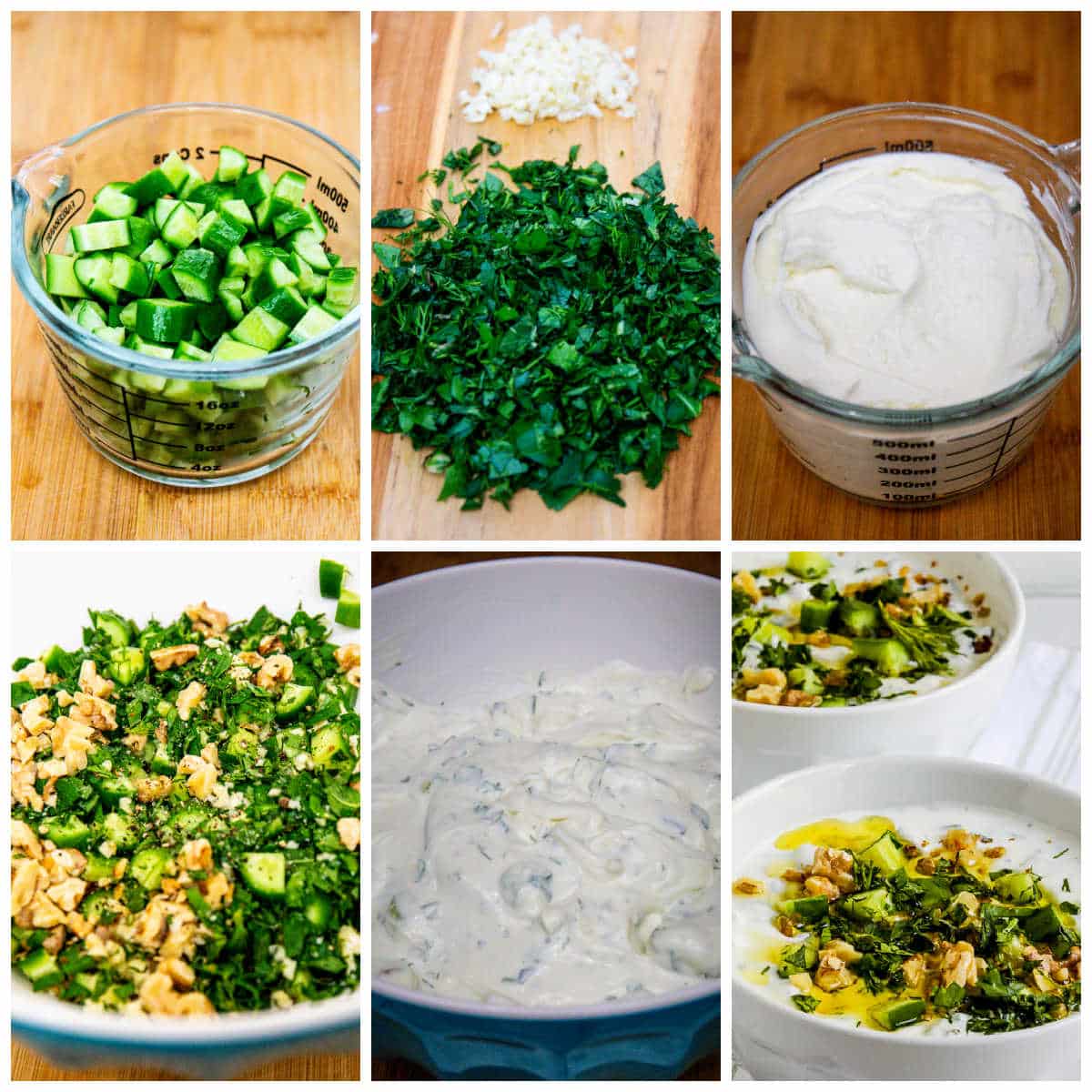 Collage of recipe steps for tarator (cold yogurt soup with cucumber)